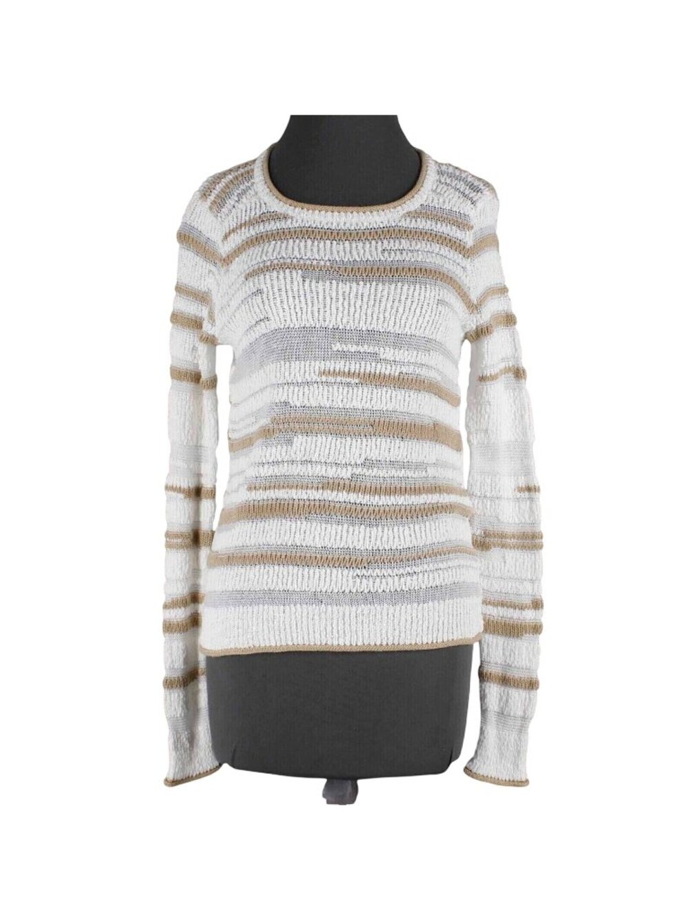 Ana Petite Top Sz PS White Gold Open Knit Striped Cotton Other Fibers Sweater